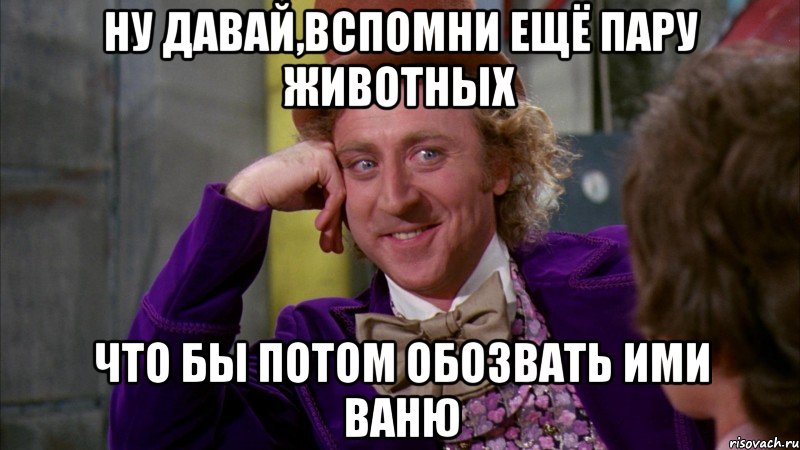 ну давай,вспомни ещё пару животных что бы потом обозвать ими ваню, Мем Ну давай расскажи (Вилли Вонка)