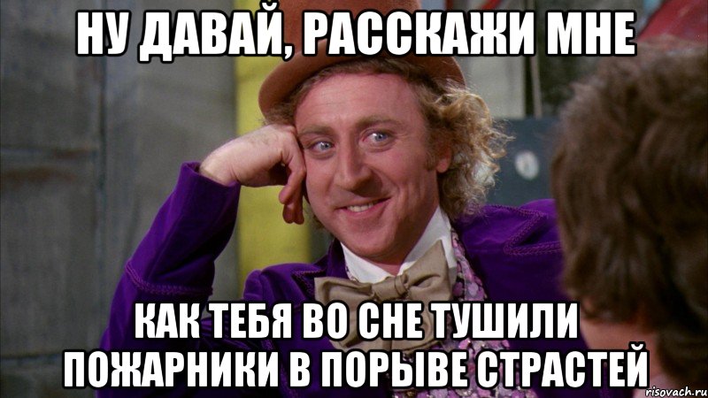 ну давай, расскажи мне как тебя во сне тушили пожарники в порыве страстей, Мем Ну давай расскажи (Вилли Вонка)