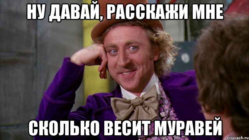 ну давай, расскажи мне сколько весит муравей, Мем Ну давай расскажи (Вилли Вонка)