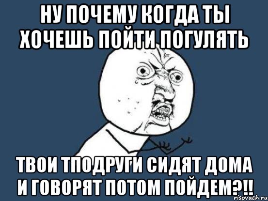 ну почему когда ты хочешь пойти погулять твои тподруги сидят дома и говорят потом пойдем?!!, Мем Ну почему