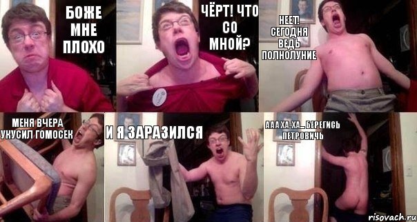 боже мне плохо чёрт! что со мной? неет! сегодня ведь полнолуние меня вчера укусил гомосек и я заразился ааа ха-ха... берегись Петровичь, Комикс  Печалька 90лвл