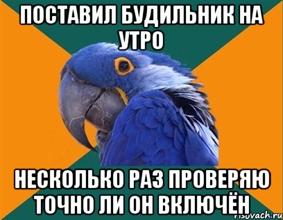 поставил будильник на утро несколько раз проверяю точно ли он включён, Мем Попугай параноик