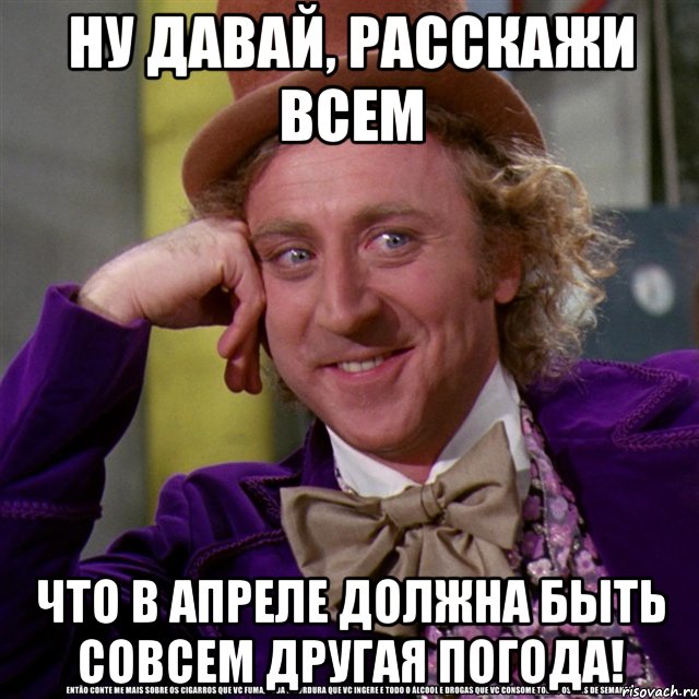 ну давай, расскажи всем что в апреле должна быть совсем другая погода!, Мем Ну давай расскажи (Вилли Вонка)