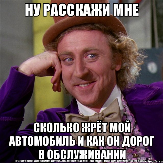 ну расскажи мне сколько жрёт мой автомобиль и как он дорог в обслуживании, Мем Ну давай расскажи (Вилли Вонка)