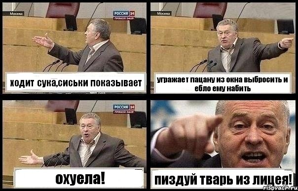 ходит сука,сиськи показывает угражает пацану из окна выбросить и ебло ему набить охуела! пиздуй тварь из лицея!, Комикс с Жириновским