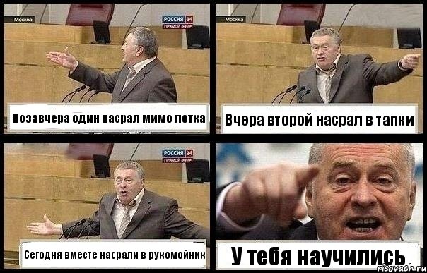 Позавчера один насрал мимо лотка Вчера второй насрал в тапки Сегодня вместе насрали в рукомойник У тебя научились, Комикс с Жириновским