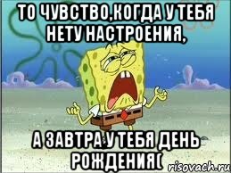 то чувство,когда у тебя нету настроения, а завтра у тебя день рождения(, Мем Спанч Боб плачет