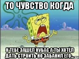 то чувство когда к тебе зашел нубас а ты хотел дать строить но забанил его..., Мем Спанч Боб плачет