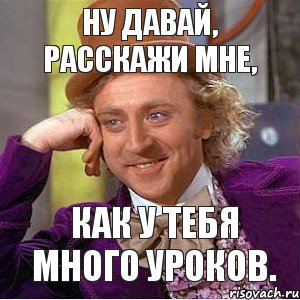 Ну давай, расскажи мне, как у тебя много уроков., Мем Ну давай расскажи (Вилли Вонка)