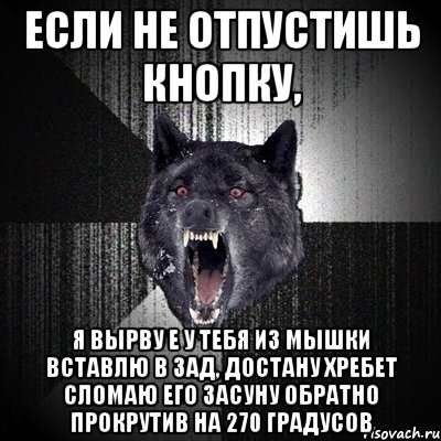 если не отпустишь кнопку, я вырву е у тебя из мышки вставлю в зад, достану хребет сломаю его засуну обратно прокрутив на 270 градусов, Мем Сумасшедший волк