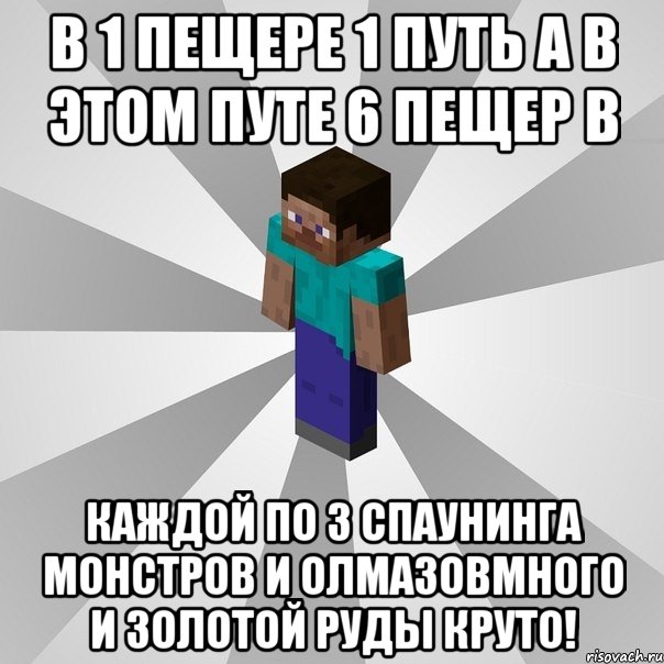 в 1 пещере 1 путь а в этом путе 6 пещер в каждой по 3 спаунинга монстров и олмазовмного и золотой руды круто!, Мем Типичный игрок Minecraft