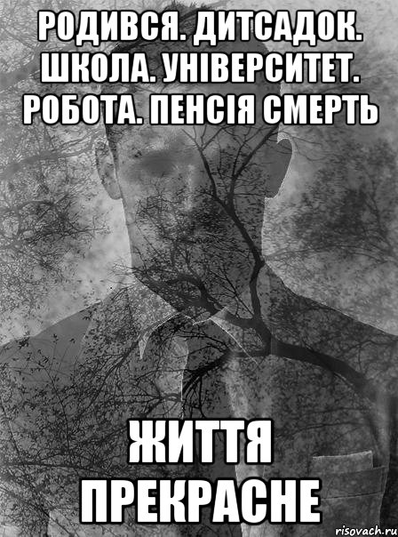 родився. дитсадок. школа. університет. робота. пенсія смерть життя прекрасне, Мем типичный человек безысходность