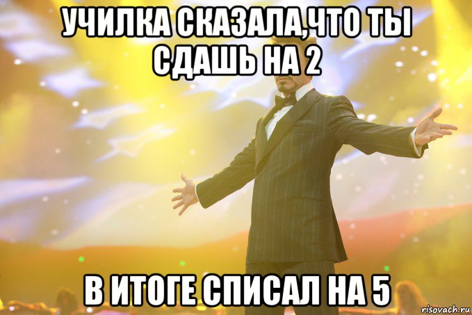 училка сказала,что ты сдашь на 2 в итоге списал на 5, Мем Тони Старк (Роберт Дауни младший)