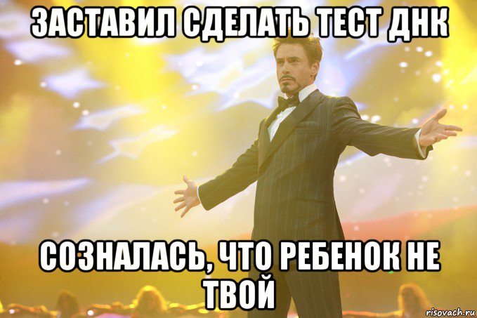 заставил сделать тест днк созналась, что ребенок не твой, Мем Тони Старк (Роберт Дауни младший)