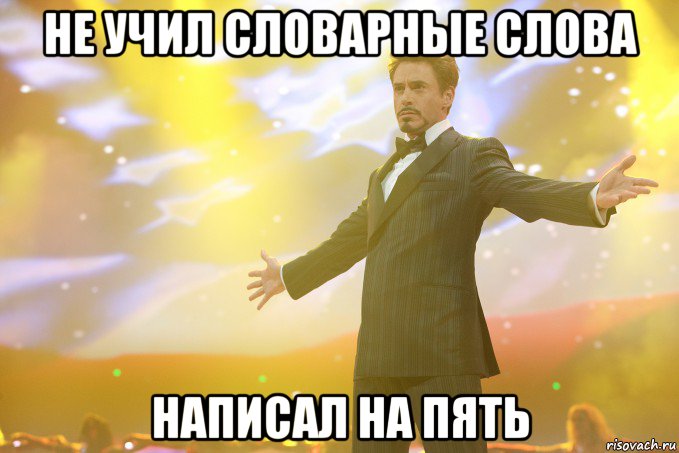 не учил словарные слова написал на пять, Мем Тони Старк (Роберт Дауни младший)