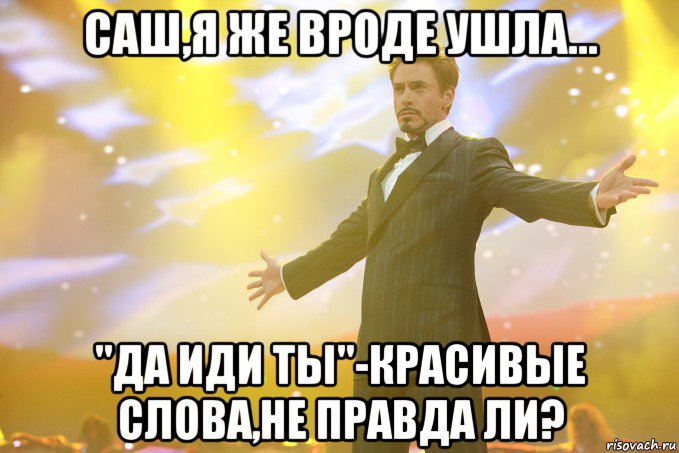 саш,я же вроде ушла... "да иди ты"-красивые слова,не правда ли?, Мем Тони Старк (Роберт Дауни младший)