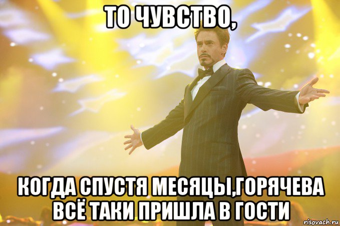 то чувство, когда спустя месяцы,горячева всё таки пришла в гости, Мем Тони Старк (Роберт Дауни младший)