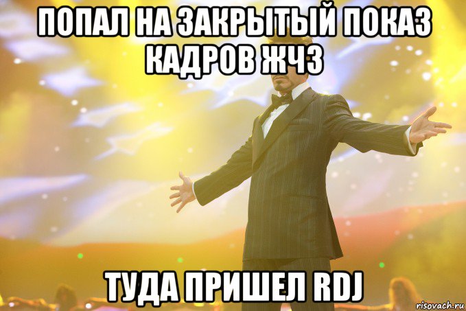 попал на закрытый показ кадров жч3 туда пришел rdj, Мем Тони Старк (Роберт Дауни младший)