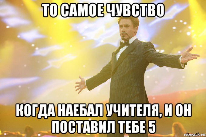 то самое чувство когда наебал учителя, и он поставил тебе 5, Мем Тони Старк (Роберт Дауни младший)