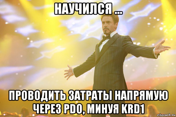 научился ... проводить затраты напрямую через pdo, минуя krd1, Мем Тони Старк (Роберт Дауни младший)