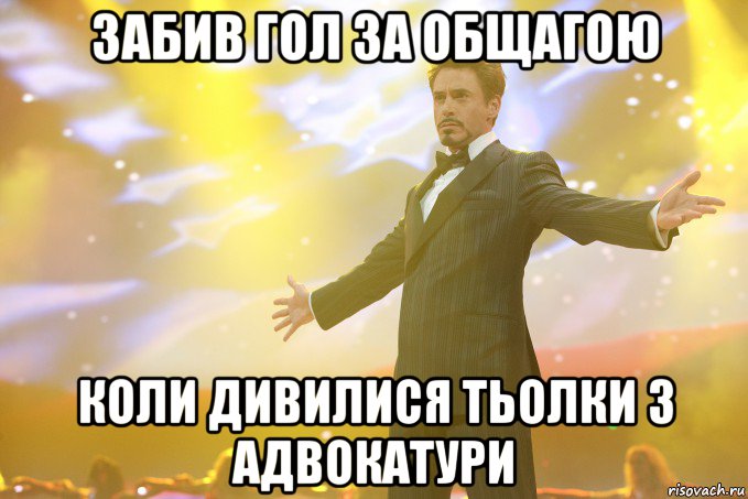 забив гол за общагою коли дивилися тьолки з адвокатури, Мем Тони Старк (Роберт Дауни младший)