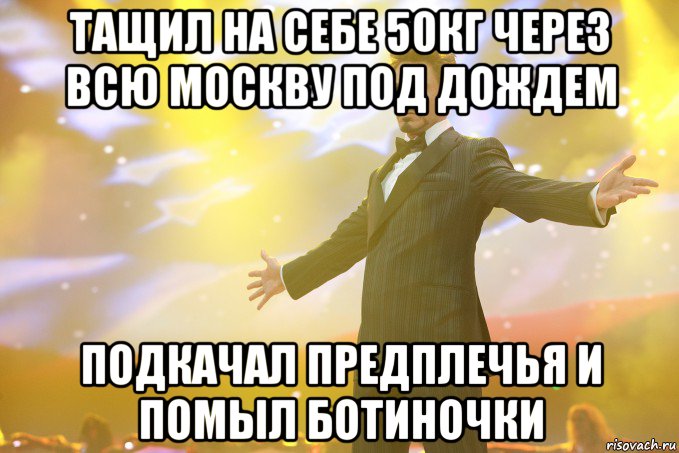 тащил на себе 50кг через всю москву под дождем подкачал предплечья и помыл ботиночки, Мем Тони Старк (Роберт Дауни младший)