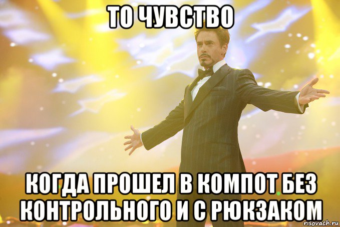 то чувство когда прошел в компот без контрольного и с рюкзаком, Мем Тони Старк (Роберт Дауни младший)