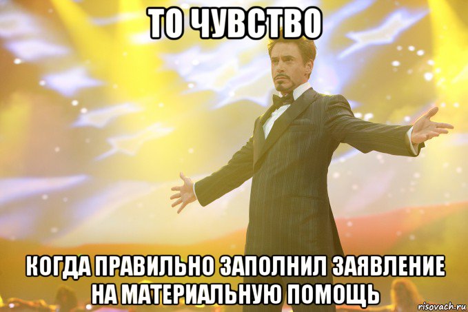 то чувство когда правильно заполнил заявление на материальную помощь, Мем Тони Старк (Роберт Дауни младший)