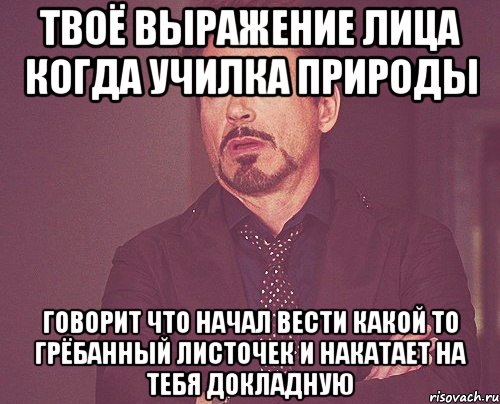 твоё выражение лица когда училка природы говорит что начал вести какой то грёбанный листочек и накатает на тебя докладную, Мем твое выражение лица