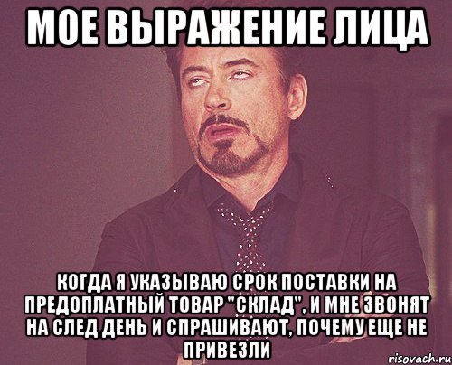 мое выражение лица когда я указываю срок поставки на предоплатный товар "склад", и мне звонят на след день и спрашивают, почему еще не привезли, Мем твое выражение лица