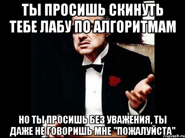 ты просишь скинуть тебе лабу по алгоритмам но ты просишь без уважения, ты даже не говоришь мне "пожалуйста", Мем ты делаешь это без уважения