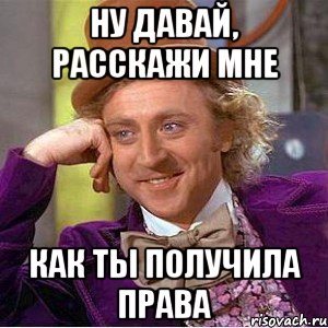 ну давай, расскажи мне как ты получила права, Мем Ну давай расскажи (Вилли Вонка)