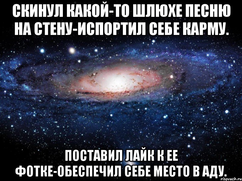 скинул какой-то шлюхе песню на стену-испортил себе карму. поставил лайк к ее фотке-обеспечил себе место в аду., Мем Вселенная