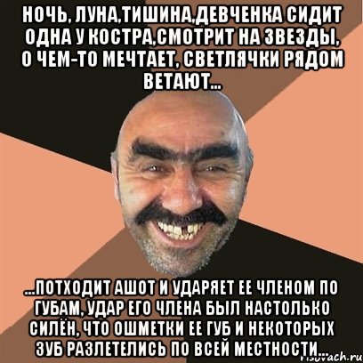 ночь, луна,тишина,девченка сидит одна у костра,смотрит на звезды, о чем-то мечтает, светлячки рядом ветают... ...потходит ашот и ударяет ее членом по губам, удар его члена был настолько силён, что ошметки ее губ и некоторых зуб разлетелись по всей местности..., Мем Я твой дом труба шатал