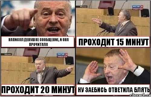 НАПИСАЛ ДЕВУШКЕ СООБЩЕНИЕ, И ОНА ПРОЧИТАЛА ПРОХОДИТ 15 МИНУТ ПРОХОДИТ 20 МИНУТ НУ ЗАЕБИСЬ ОТВЕТИЛА БЛЯТЬ, Комикс жиреновский