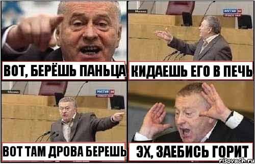 ВОТ, БЕРЁШЬ ПАНЬЦА КИДАЕШЬ ЕГО В ПЕЧЬ ВОТ ТАМ ДРОВА БЕРЕШЬ ЭХ, ЗАЕБИСЬ ГОРИТ, Комикс жиреновский