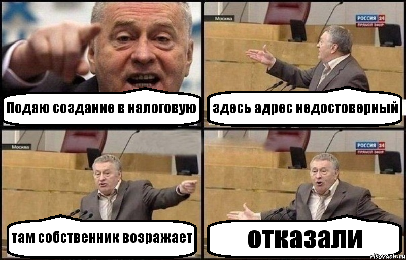 Подаю создание в налоговую здесь адрес недостоверный там собственник возражает отказали, Комикс Жириновский