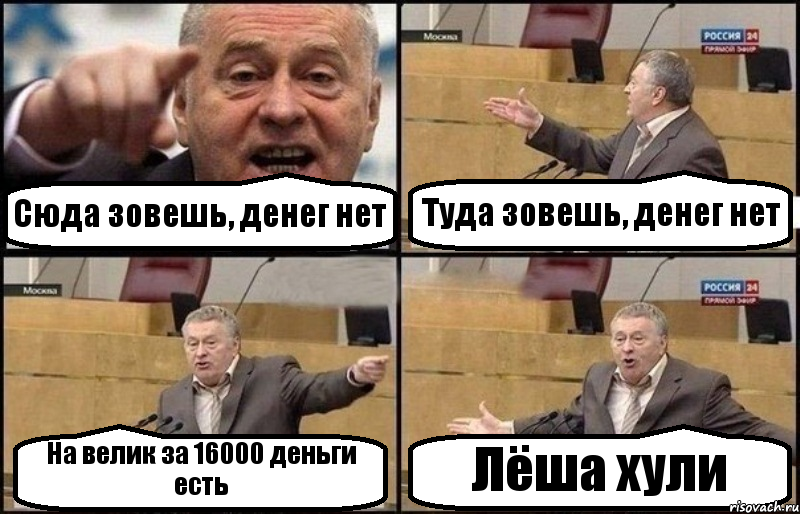 Сюда зовешь, денег нет Туда зовешь, денег нет На велик за 16000 деньги есть Лёша хули, Комикс Жириновский