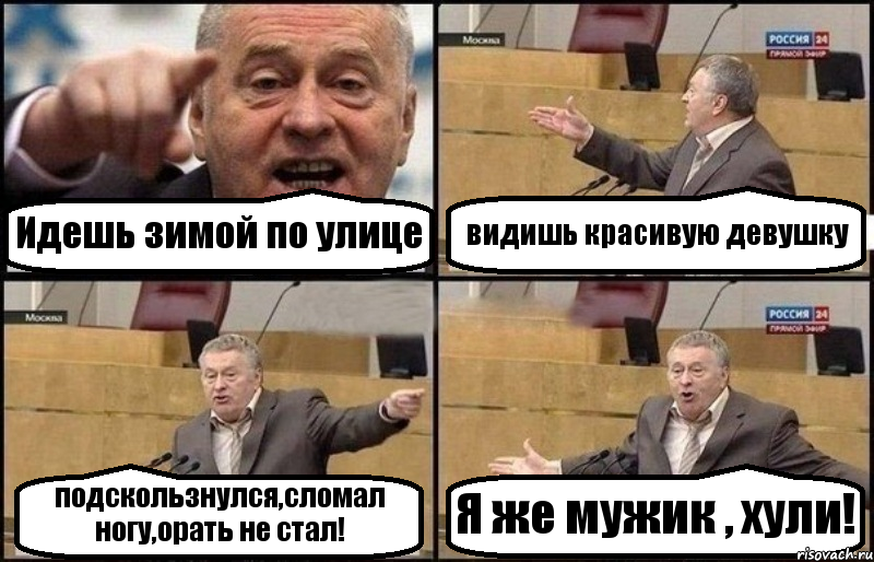 Идешь зимой по улице видишь красивую девушку подскользнулся,сломал ногу,орать не стал! Я же мужик , хули!, Комикс Жириновский