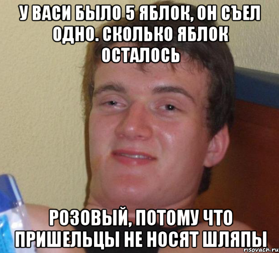 у васи было 5 яблок, он съел одно. сколько яблок осталось розовый, потому что пришельцы не носят шляпы, Мем 10 guy (Stoner Stanley really high guy укуренный парень)