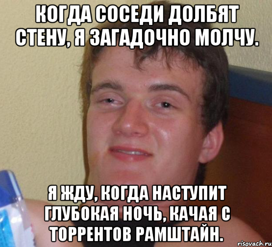 когда соседи долбят стену, я загадочно молчу. я жду, когда наступит глубокая ночь, качая с торрентов рамштайн., Мем 10 guy (Stoner Stanley really high guy укуренный парень)