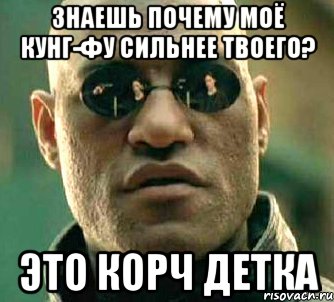 знаешь почему моё кунг-фу сильнее твоего? это корч детка, Мем  а что если я скажу тебе