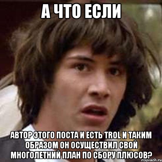 а что если автор этого поста и есть trol и таким образом он осуществил свой многолетний план по сбору плюсов?, Мем А что если (Киану Ривз)