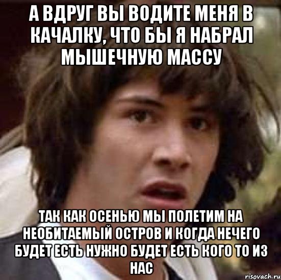 а вдруг вы водите меня в качалку, что бы я набрал мышечную массу так как осенью мы полетим на необитаемый остров и когда нечего будет есть нужно будет есть кого то из нас, Мем А что если (Киану Ривз)