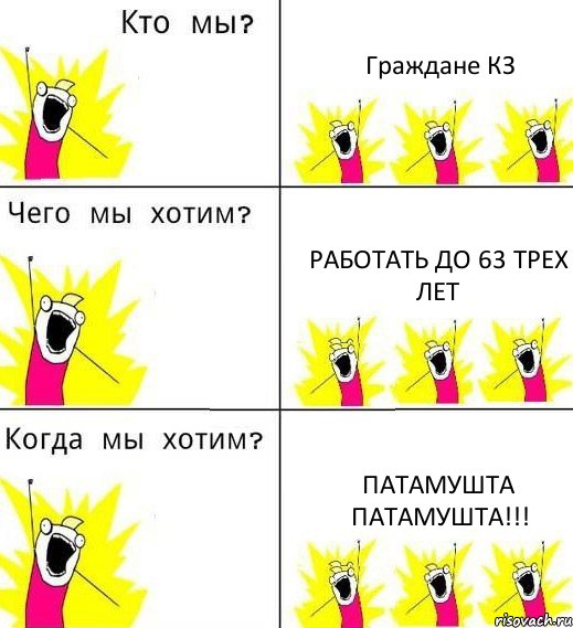 Граждане КЗ Работать до 63 трех лет ПАТАМУШТА ПАТАМУШТА!!!, Комикс Что мы хотим