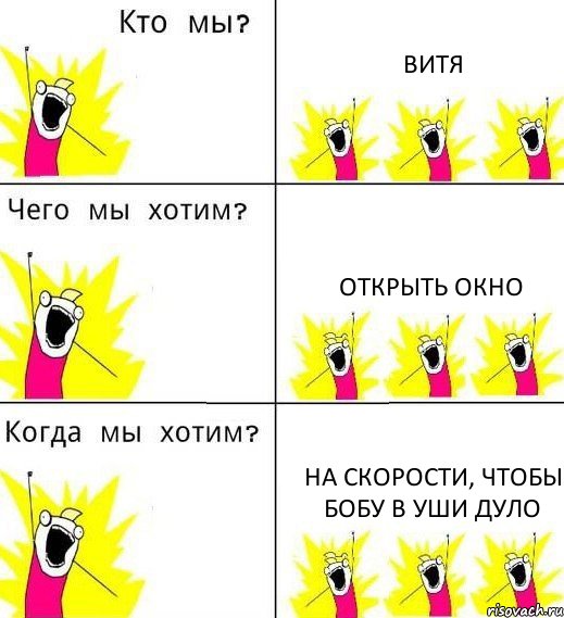 ВИТЯ ОТКРЫТЬ ОКНО НА СКОРОСТИ, ЧТОБЫ БОБУ В УШИ ДУЛО, Комикс Что мы хотим