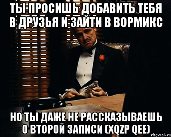 ты просишь добавить тебя в друзья и зайти в вормикс но ты даже не рассказываешь о второй записи (xqzp qee), Мем Дон Вито Корлеоне