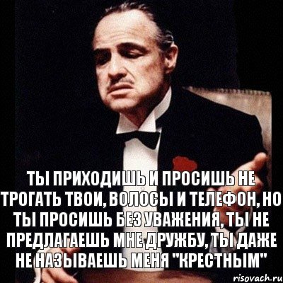 Ты приходишь и просишь не трогать твои, волосы и телефон, но ты просишь без уважения, ты не предлагаешь мне дружбу, ты даже не называешь меня "Крестным", Комикс Дон Вито Корлеоне 1