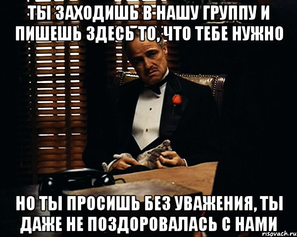 ты заходишь в нашу группу и пишешь здесь то, что тебе нужно но ты просишь без уважения, ты даже не поздоровалась с нами, Мем Дон Вито Корлеоне