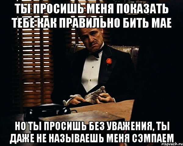 ты просишь меня показать тебе как правильно бить мае но ты просишь без уважения, ты даже не называешь меня сэмпаем, Мем Дон Вито Корлеоне